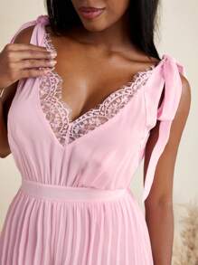 Young Addiction Pink Solid Chiffon Pleated Lace Trim V Neck Wide Leg Pants Jumpsuit For Women Summer Outfit