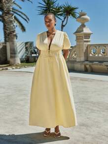 Maija Plus Size Women's Deep V Neck Puff Sleeve Yellow Summer Elegant Long Dress,Solid Color Waist Pleats Flowy Wedding Guest Holiday Sun Dresses - Yellow - View 1