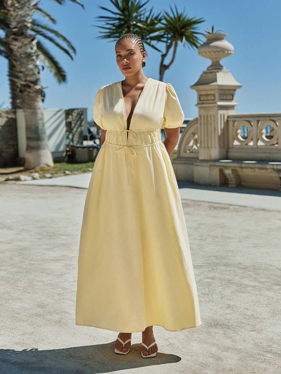 Maija Plus Size Women's Deep V Neck Puff Sleeve Yellow Summer Elegant Long Dress,Solid Color Waist Pleats Flowy Wedding Guest Holiday Sun Dresses - Yellow - View 1