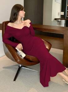 DAZY Vestido midi plisado de hombros caídos, unicolor, vestido de manga larga para otoño, vestidos rojos para mujer