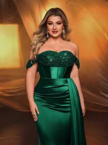 Glamrae Vestido de sirena elegante, de lujo y asimétrico con mangas de lentejuelas y parches, satén elástico y fruncido con abertura lateral, adecuado para bodas, fiestas, festivales, galas, ocasiones formales, como vestido de noche o para invitados de boda