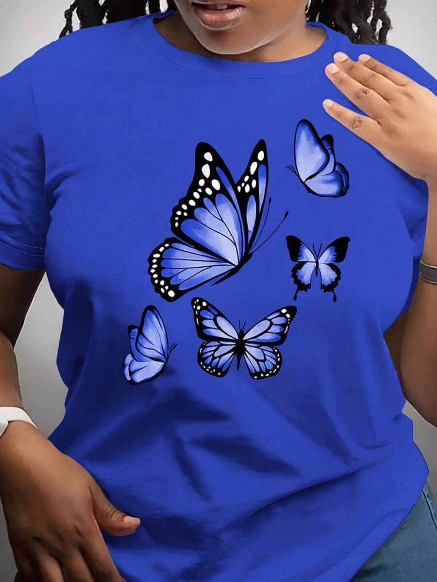 INAWLY 女士百搭蝴蝶印花迷人圆领短袖上衣，夏季 - 藍色 - 查看 1