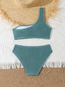 SHEIN Tween Girl Solid Color Textured Bikini Set, Beach Vacation Young Girls Sets One Piece Bathing Suit For Teens One Peice Bathing Suit For Teens One Piece Bathing Suit Bathing Suits 14 - Green - View 2