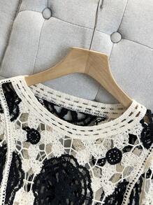 Franclia Women's Asymmetrical Contrast Color Fringe Knit Pullover Shawl Cover Up, Suitable For Vacation Fall Winter Cloth For Women - Black - View 4