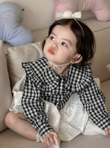 Blusa de manga larga con volantes a cuadros para niños pequeños, linda para el verano - Blanco y Negro - Ver 1