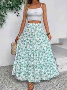 SHEIN VCAY Plus Size Ditsy Floral Skirt, Casual & Relaxing - Teal Blue - View 5