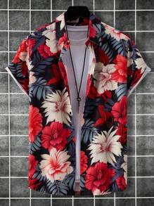 Manfinity RSRT Herren Hemd mit tropischem Pflanzenmuster und kurzen Ärmeln, figurbetontes Button-Up Blumengrafik Hemd für den Urlaub