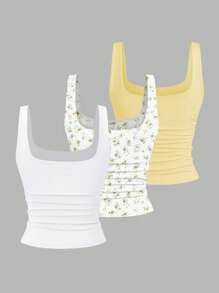 Sweetra Women's Casual Ruched Square Neck Camisole Tank Top, Summer
