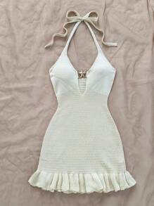 Soleia Women's Resort Moss Green Halter Backless Front Metal Buckle Decor Hollow Out Ruffle Mini Dress - Beige - View 4