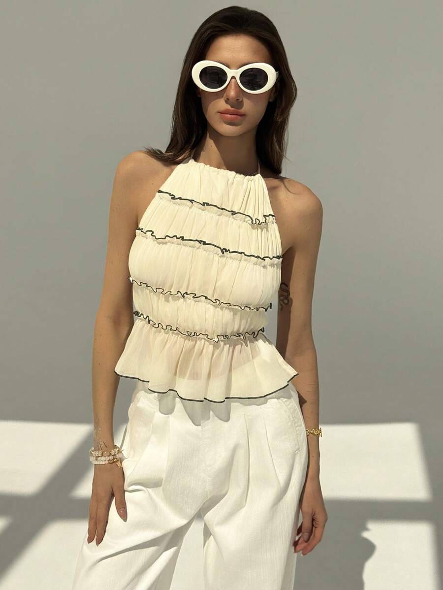 Aloruh Women's Multi-Layered Ruffle Neck Sleeveless Top - Apricot - View 1