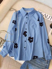 SHEIN Clasi Plus Spring And Autumn Elegant Going Out Tops Summer Navy Blue Striped Floral Print Long Sleeve Work Shirt Fall Cloth For Women - Blue - View 5