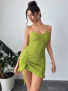 Firerie Nuovo vestito canottiera in maglia con vita increspata, coulisse e orlo arricciato, sexy per vacanze in spiaggia, per donne