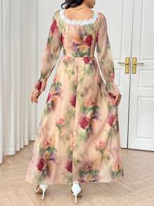 Modelyn Vestido de manga larga con estampado floral menudo en estilo retro francés, vestido primaveral de talla grande encantador y favorecedora - Multicolor - Ver 2