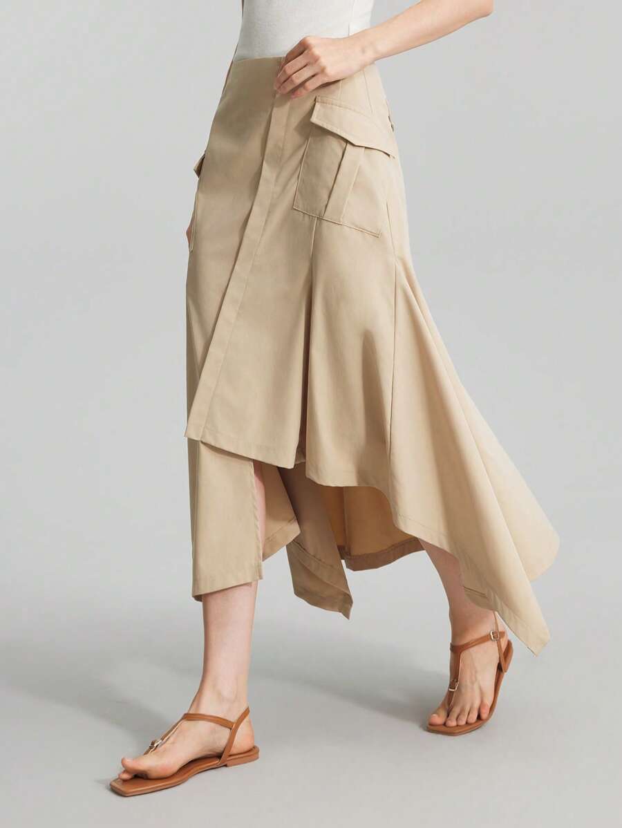 Ontre 2025秋冬女装，女士冬季服装，返校季，万圣节，圣诞节，商务休闲，复古优雅百搭基础款，纳什维尔，纯色不对称下摆半身裙，优雅派对，阵亡将士纪念日，舞会，百搭女士中长裙，圣诞服装，新年 - 卡其色 - 查看 1