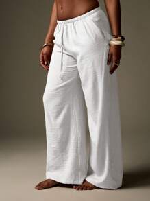 MISSGUIDED Wide Leg Linen Feel Beach Resort Drawstring Pants Lounge Palazzo Vacation Summer Trousers Casual Comfort Elastic Waist