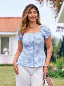 KURAYIA Camisa a cuadros con mangas abultadas y cuello cuadrado para mujer talla grande