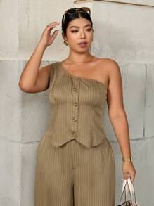 SHEIN LUNE Plus Size Women Casual Beige Striped Asymmetric Asymmetric Neck 2 Pieces Set - Brown - View 3