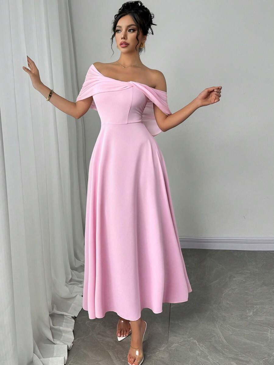 Firerie 女士优雅情人节新款优雅浪漫婚礼教堂夏威夷度假连衣裙，带领带，扭纹连衣裙，奶油黄色，优雅日常百搭时尚不对称领口不对称透视雪纺喇叭下摆长裙，婚礼宾客，粉色，女士，春夏女士正式派对礼服，早午餐女士连衣裙，仙女风格连衣裙端庄