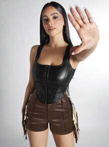 SHEIN PETITE Pantalones Cortos Ajustados De Colores Sólidos Con Detalles De Borlas - Marrón - Ver 3