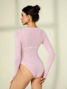 SHEIN Tall See Through Mesh Bodysuit Without Lingerie - Pink - View 2