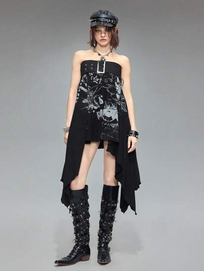 Goth تنورة غوت الكلاسيكية قابلة للتحويل من نوع الأنبوب مع طباعة شكل البانك روك للنساء