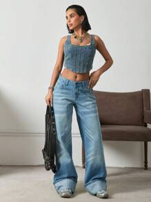 EURMUSE HIGH RISE WIDELEG JEAN WITH FOLDED UP HEM Women S Bottoms Wide Leg Jeans Women - Light Wash - View 4