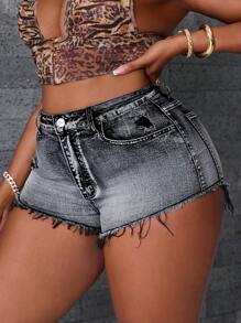 Slaydiva Plus Size Women's Distressed Denim Shorts,Dark Green Summer Casual Everyday Washed Ripped Mini Elastic Shorts For Festival,Cowgirl,Club & Wear - Dark Grey - View 7