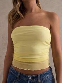 Glamine 黄色褶皱露背透视夏季抹胸，基本款上衣，约会之夜，女士俱乐部，度假上衣