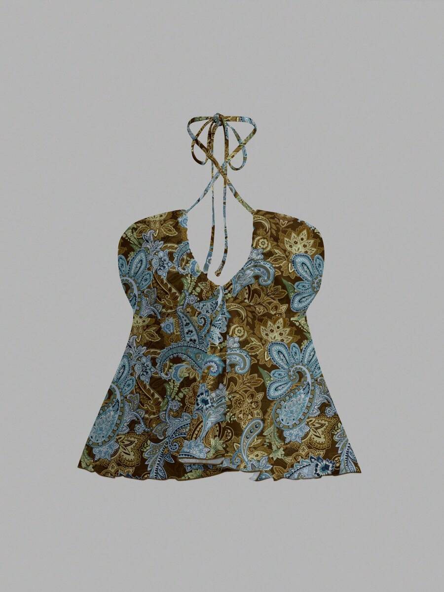 SHEIN ICON Women's Casual Vacation Ruched Chest Drawstring Halter Backless Bodycon Cami Tank Top, Suitable For Summer, Retro Vintage Style Paisley Print Y2K - Multicolor - View 1