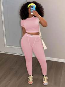 Slaydiva 2025 春夏新款休闲街头百搭运动基础修身绿色圆领短袖短款T恤和撞色腰裤女士两件套，适合音乐节、复活节、西部游牧风格、乡村风格、婚礼嘉宾、日常旅行、毕业季、派对聚会、俱乐部、运动健身、瑜伽 - B 粉色 2 件套休闲 2 件套 - 粉色 - 查看 4