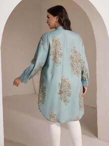 Veilorie 大码女式花卉印花长袖纽扣中式领衬衫