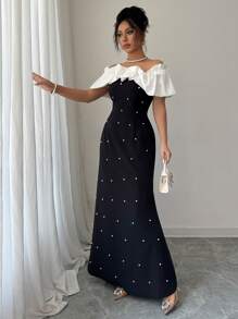 Elenzga Abito elegante con scollo a spalle scoperte, decorato con perline e a blocchi di colore