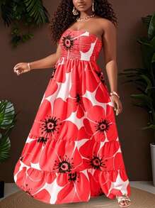 Slaydiva Plus Size Women's Boho Midi Dress: Strapless Shirred Bodice With Vibrant Red Floral Print And Flared Hem - Multicolor - View 1