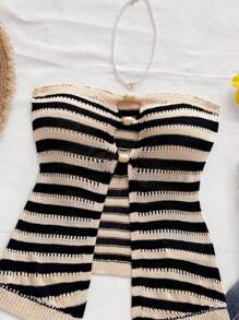 Soleia 杏色和黑色对比条纹串珠镂空钩针露肩度假短款上衣，适合海滩、派对、约会、游轮、度假、音乐节、波西米亚风格、春夏季 - 杏色 - 查看 7