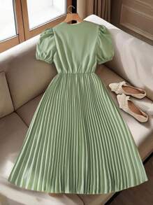 少女优雅纯色泡泡袖褶皱 A 字长裙，适合夏季生日派对 - 薄荷綠 - 查看 3