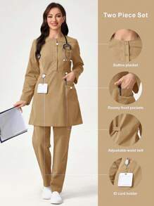 TaskEZ Solid Color Buttoned Half Front Placket Long Sleeve Pocket Shirt And Pants Scrub Uniform Set - Camel - View 1