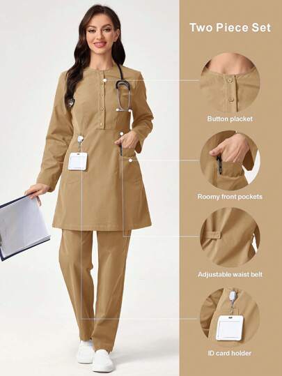 TaskEZ 纯色纽扣式半前襟长袖口袋衬衫和裤子手术服套装