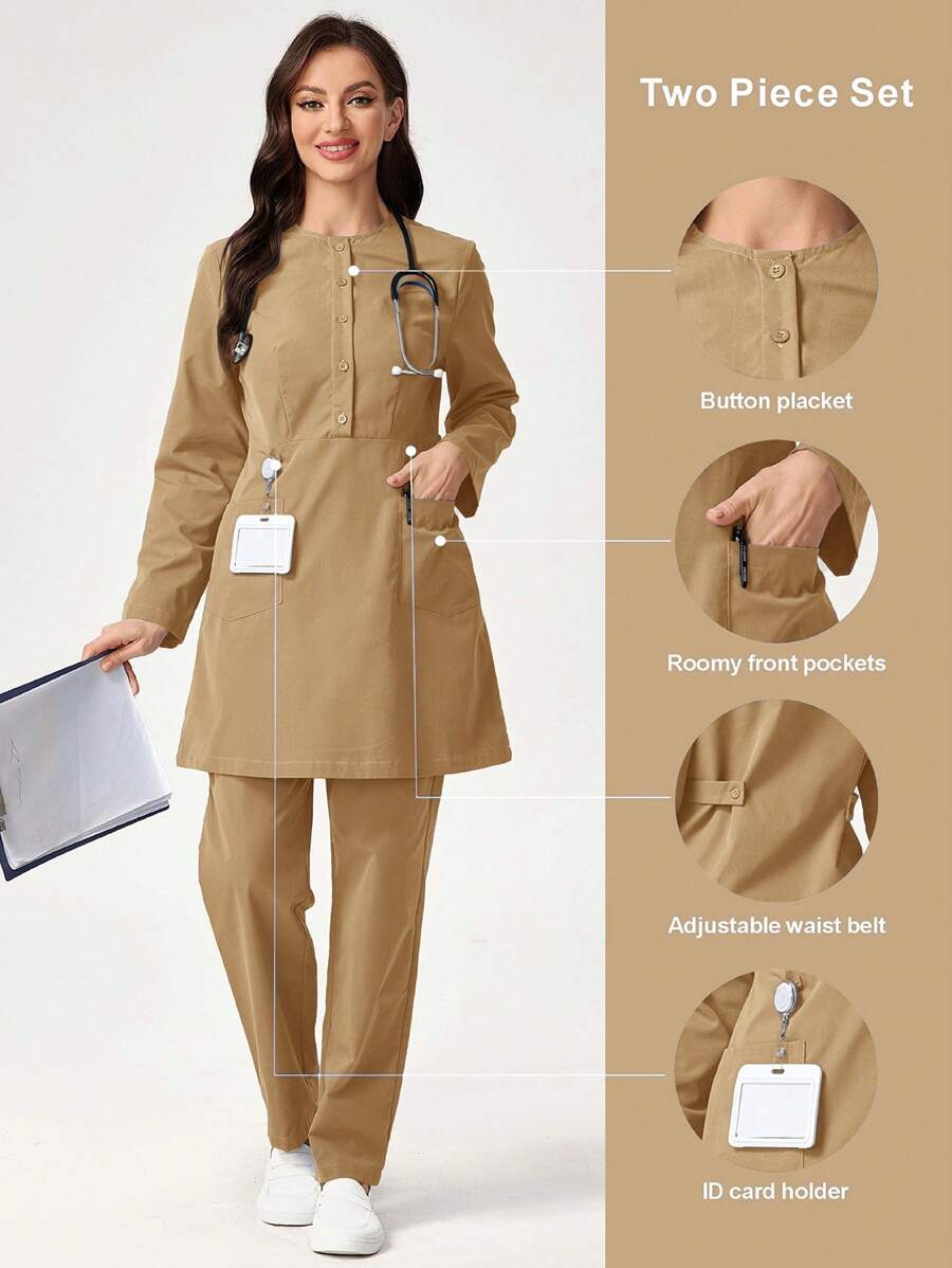 TaskEZ Solid Color Buttoned Half Front Placket Long Sleeve Pocket Shirt And Pants Scrub Uniform Set - Camel - View 1