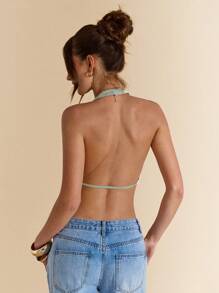 SHEIN BAE 夏季露背肩带亮片装饰女式上衣，适合海滩度假 - 綠色 - 查看 2