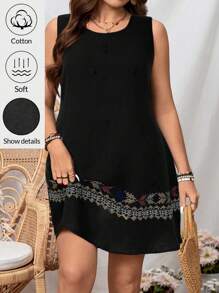 SHEIN LUNE Váy du lịch không tay họa tiết hình học cỡ lớn - màu đen - Xem 6