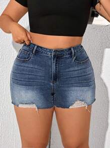 SHEIN ICON Plus Size Ripped Skinny Pocket Jean Shorts, Sexy For Summer - Blue - View 5