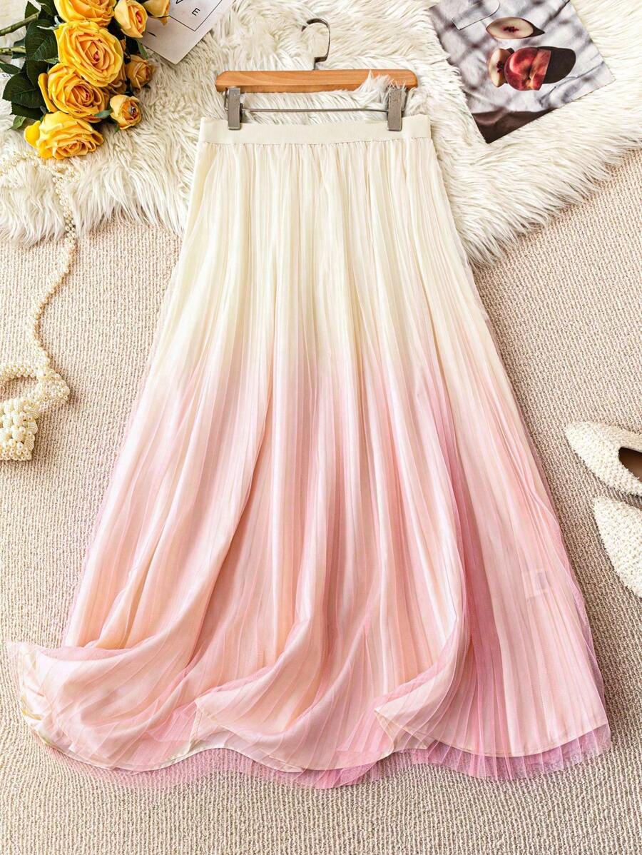 SHEIN Clasi 大码女装优雅网纱渐变百褶半裙夏季半裙百褶半裙