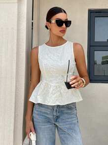 Siren Gaze 夏季新品优雅提花荷叶边领上衣 - 杏色 - 查看 4