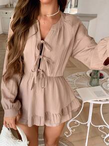 Breezaya Bowknot Strap Ruffled Hem Layered Dress Fall Cloth For Women - Khaki - View 6
