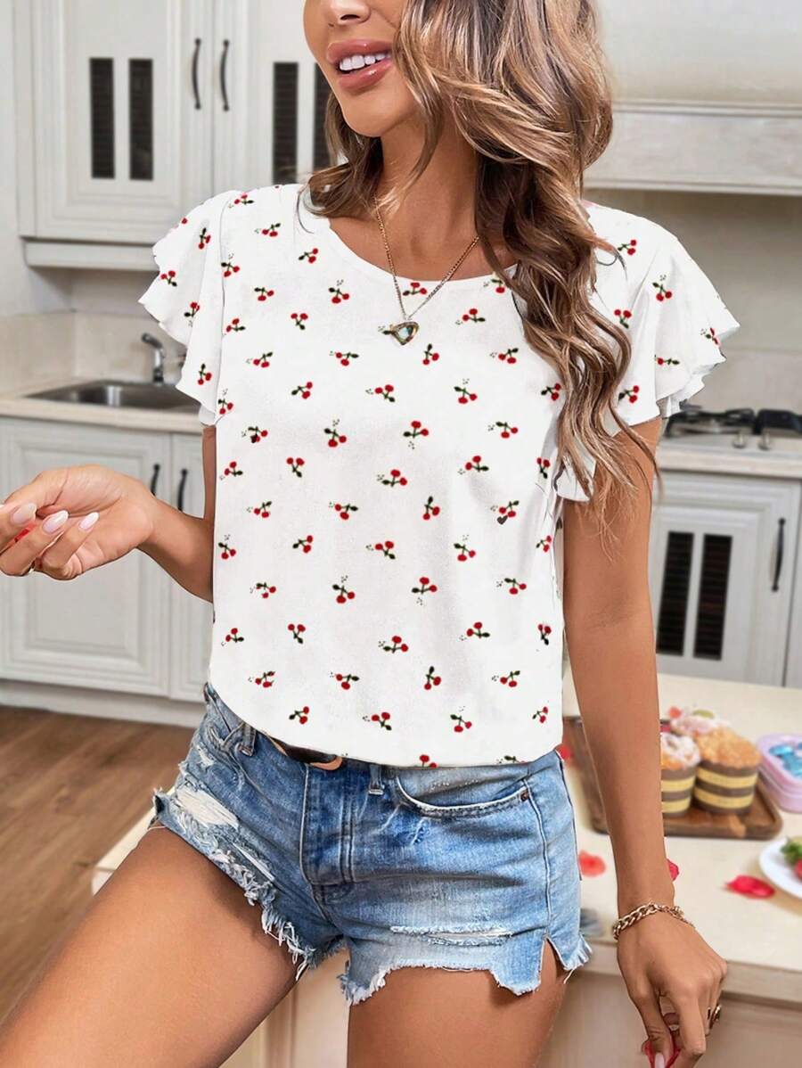 SHEIN LUNE Women's Cherry Print Ruffle Sleeve Blouse, Suitable For Spring/Summer - Multicolor - View 1