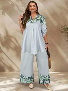 EMERY ROSE Set da 2 pezzi di camicia con volant e pantaloni con stampa floreale, per taglie forti da donna, adatto per vacanza