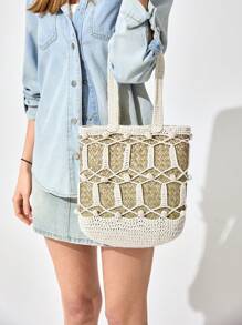 SHECARRY Women Woven Tote Bag, Casual And Fashionable For Everyday Use - Beige - View 4