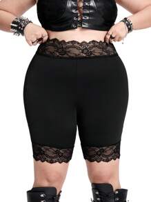 Whyspr Casual Punk Plus Size High Waisted Elastic Solid Color Contrast Lace Leggings - Black - View 6