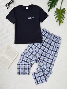 Boys Grey Blue Plaid Minimalist Top & Dark Blue And Grey Plaid Milk Silk Loungewear Short Sleeve Top And Pants Set, Casual And Versatile