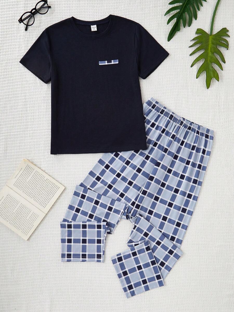 Boys Grey Blue Plaid Minimalist Top & Dark Blue And Grey Plaid Milk Silk Loungewear Short Sleeve Top And Pants Set, Casual And Versatile